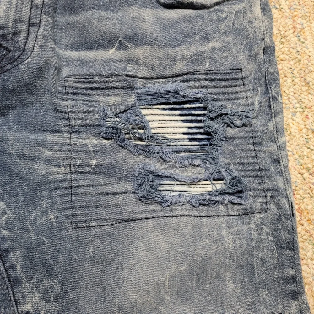 True Religion Rocco Jeans Mens 40 Blue Distressed Marbled Relaxed Skinny Fit
